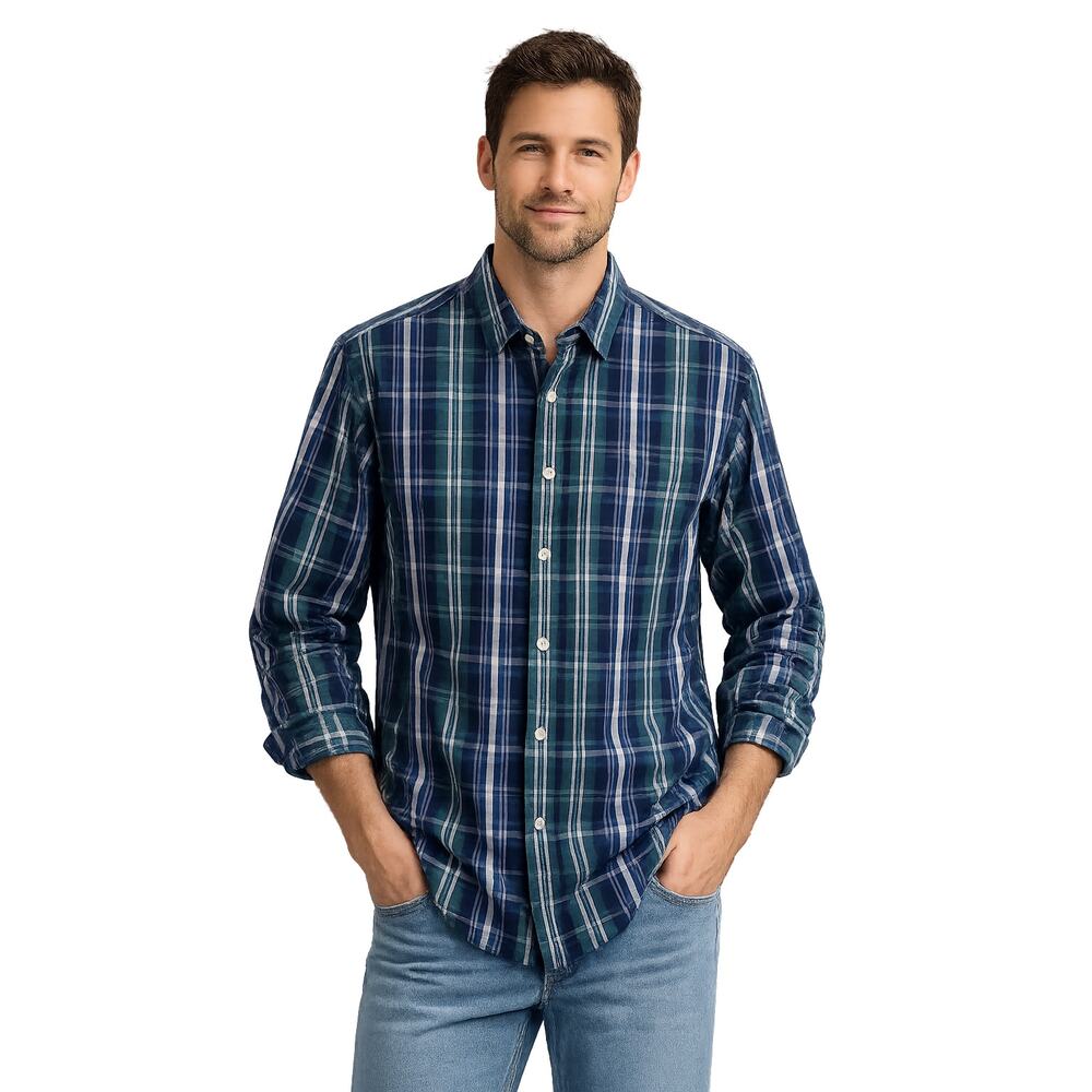 LR2216 Dockers The Stain Defender Shirt Men’s S/P Blue Green Plaid Button Front